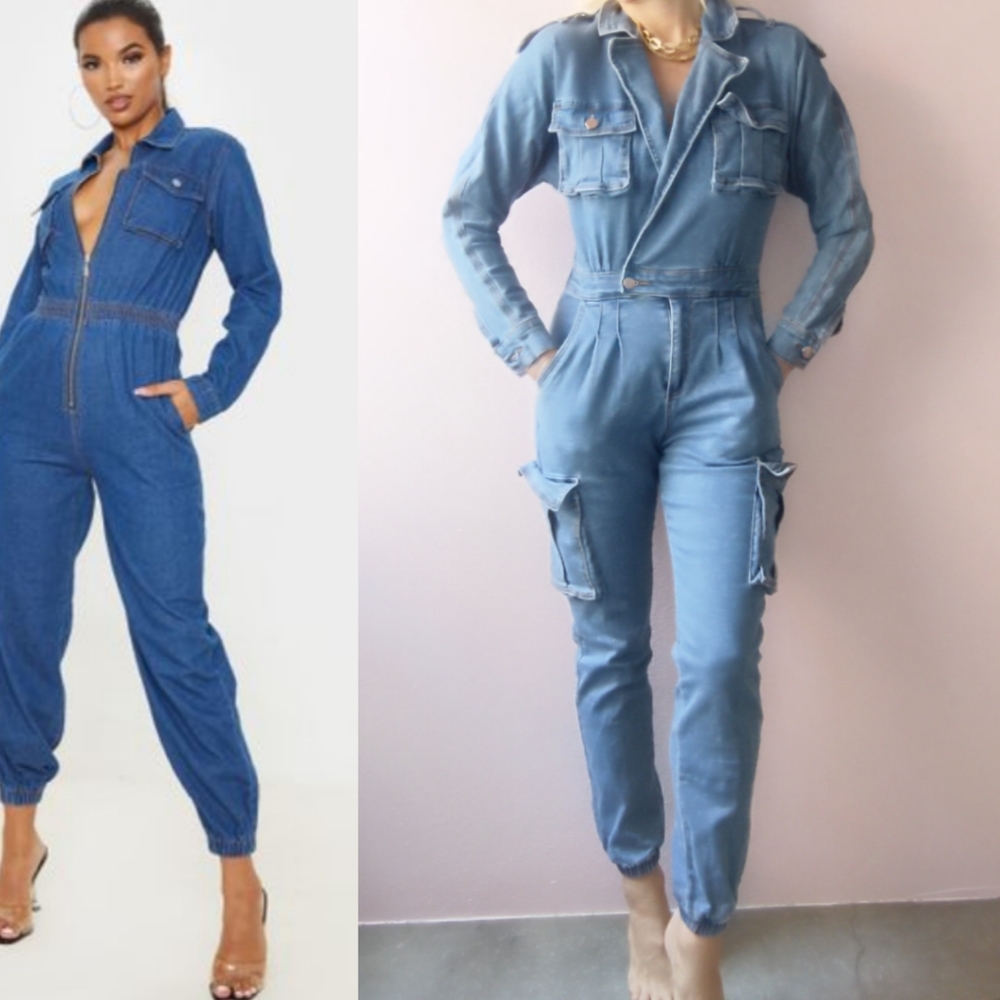 Customized denim flight suit cargo fitted overalls